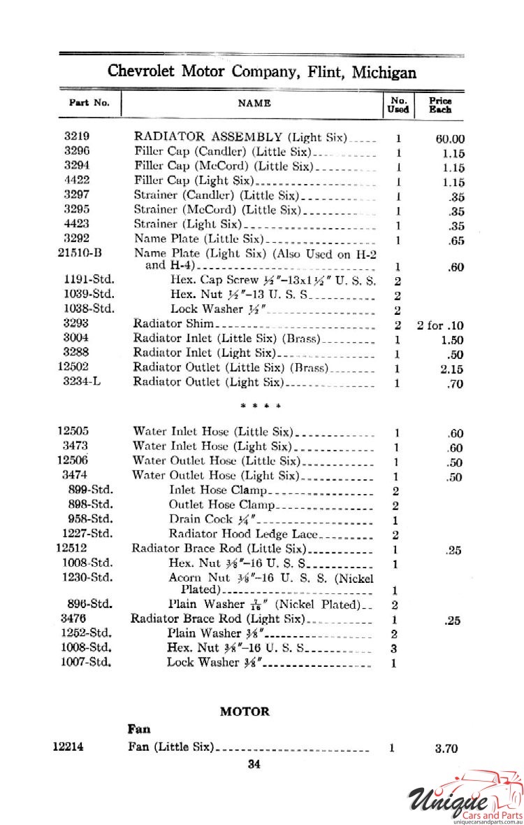 1912 Chevrolet Light and Little Six Parts Price List Page 16